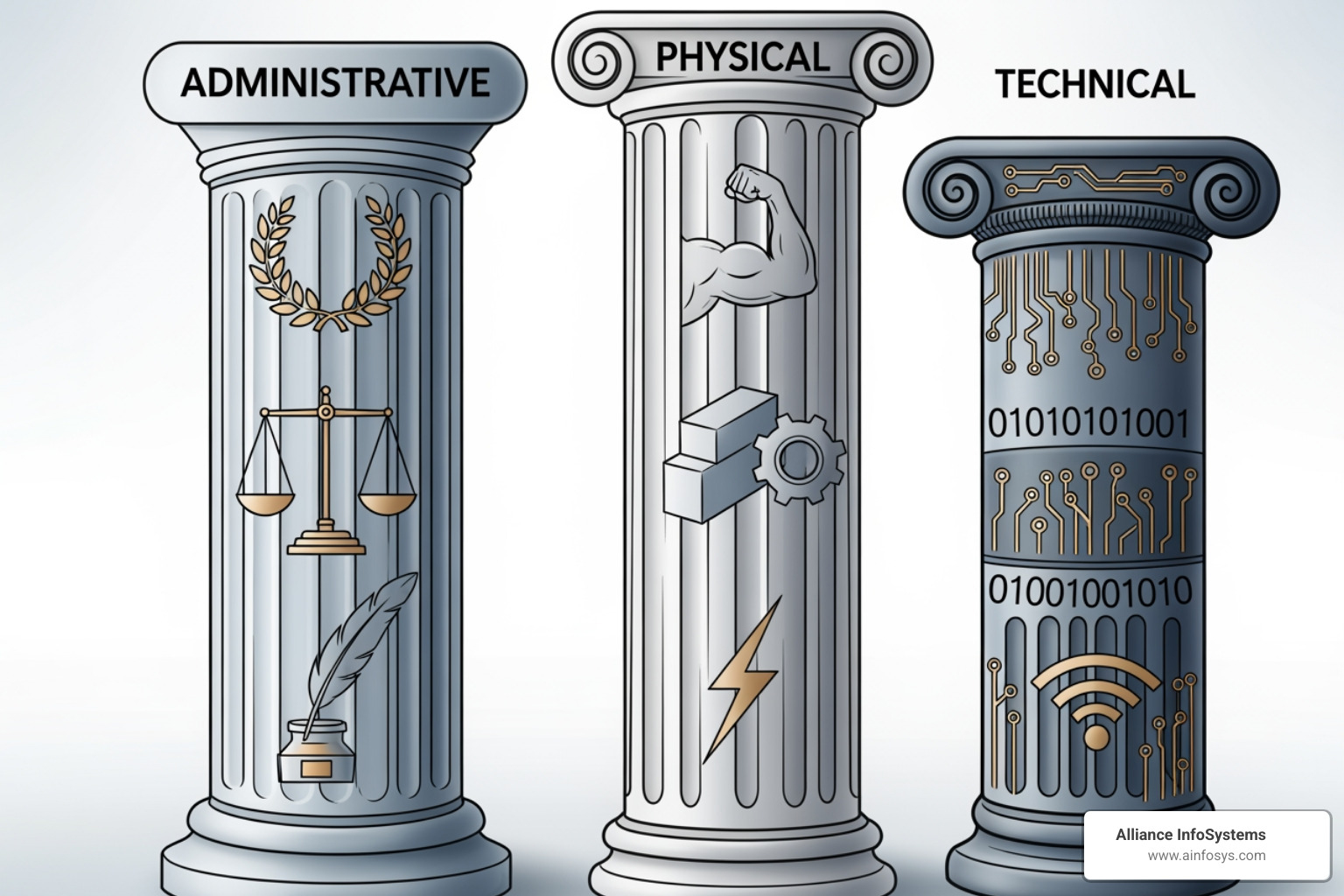 Three pillars labeled Administrative, Physical, and Technical, with icons representing key safeguards in each category. - HIPAA IT requirements Three pillars labeled Administrative, Physical, and Technical, with icons representing key safeguards in each category. - HIPAA IT requirements