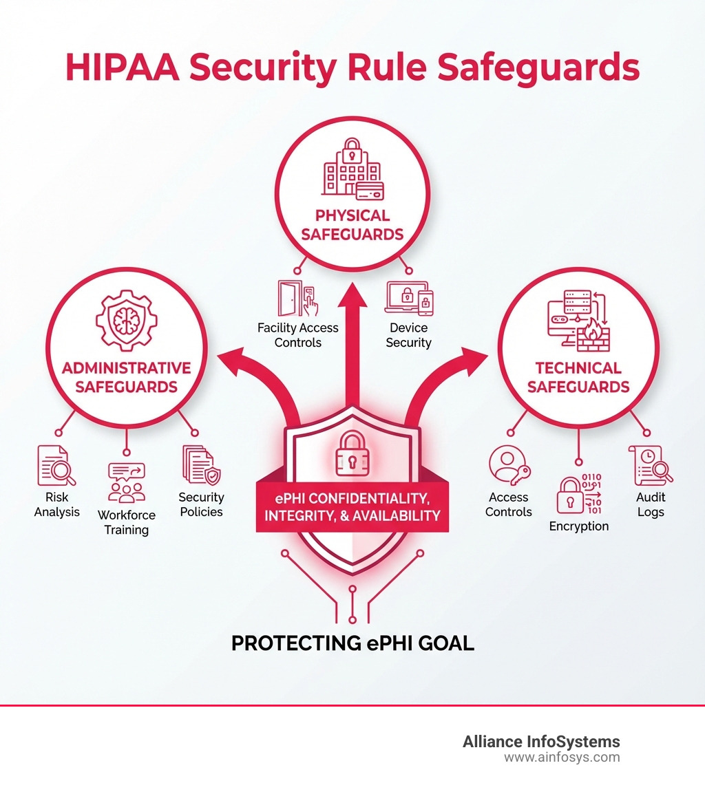 Infographic showing the three categories of HIPAA Security Rule safeguards: Administrative Safeguards (including risk analysis, workforce training, and security policies), Physical Safeguards (including facility access controls and device security), and Technical Safeguards (including access controls, encryption, and audit logs). Each category shows key requirements and connects to the central goal of protecting ePHI confidentiality, integrity, and availability. - HIPAA IT requirements infographic Infographic showing the three categories of HIPAA Security Rule safeguards: Administrative Safeguards (including risk analysis, workforce training, and security policies), Physical Safeguards (including facility access controls and device security), and Technical Safeguards (including access controls, encryption, and audit logs). Each category shows key requirements and connects to the central goal of protecting ePHI confidentiality, integrity, and availability. - HIPAA IT requirements infographic
