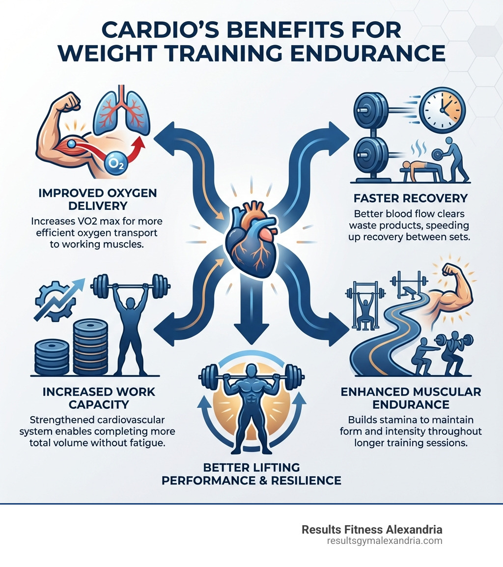 infographic showing cardio benefits for weight training including improved oxygen delivery, faster recovery between sets, increased work capacity, and enhanced muscular endurance - does cardio build endurance for weight training infographic infographic showing cardio benefits for weight training including improved oxygen delivery, faster recovery between sets, increased work capacity, and enhanced muscular endurance - does cardio build endurance for weight training infographic