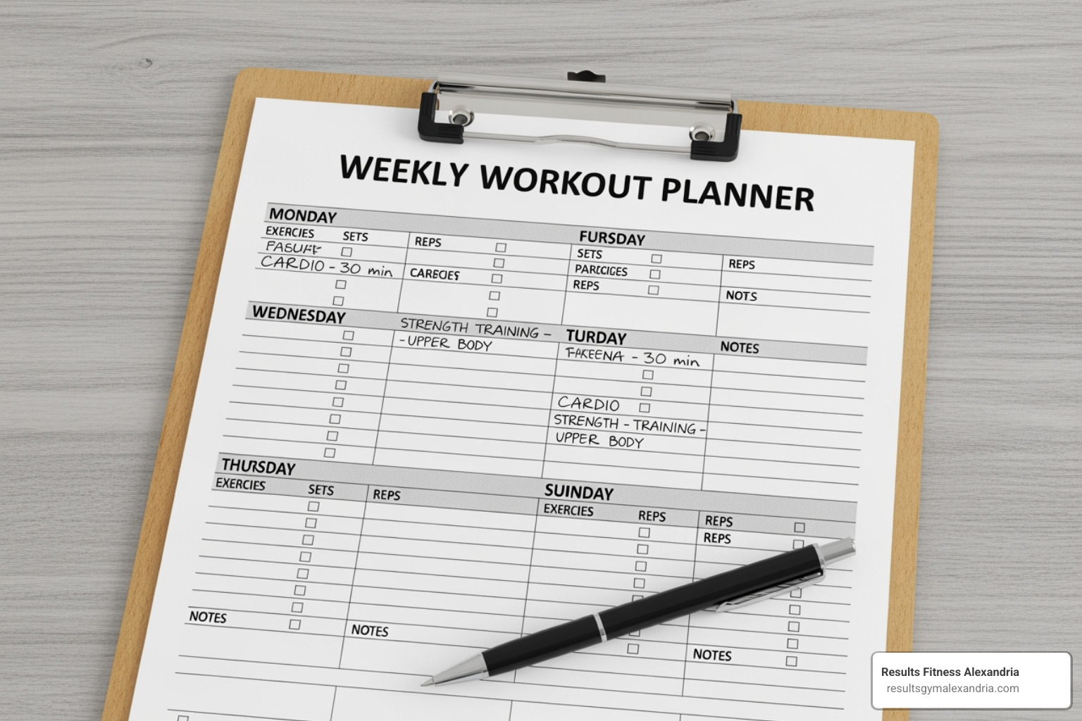 weekly workout planner on a clipboard - does cardio build endurance for weight training weekly workout planner on a clipboard - does cardio build endurance for weight training