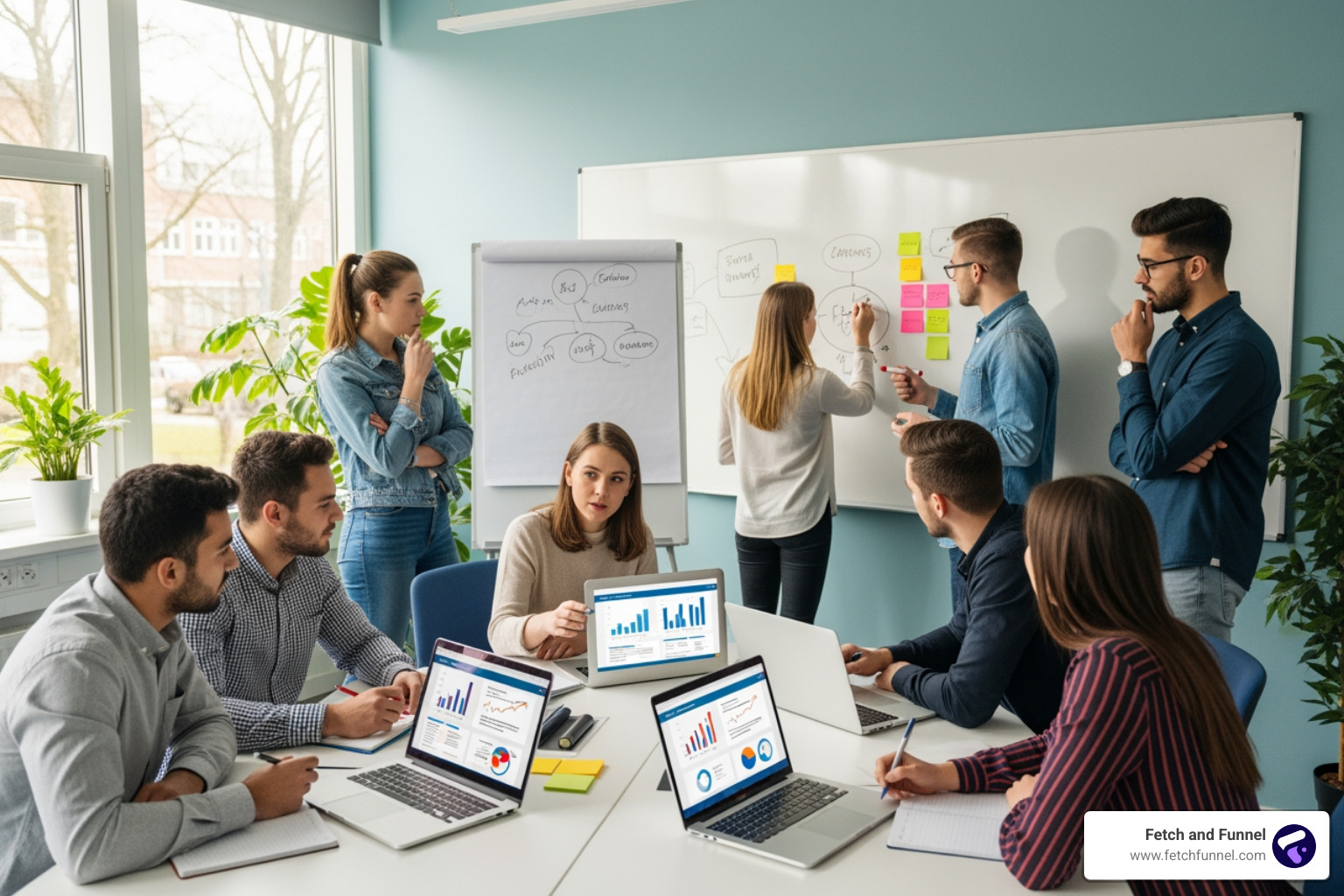 Diverse students collaborating on a marketing project in a modern classroom - Boston marketing management Diverse students collaborating on a marketing project in a modern classroom - Boston marketing management