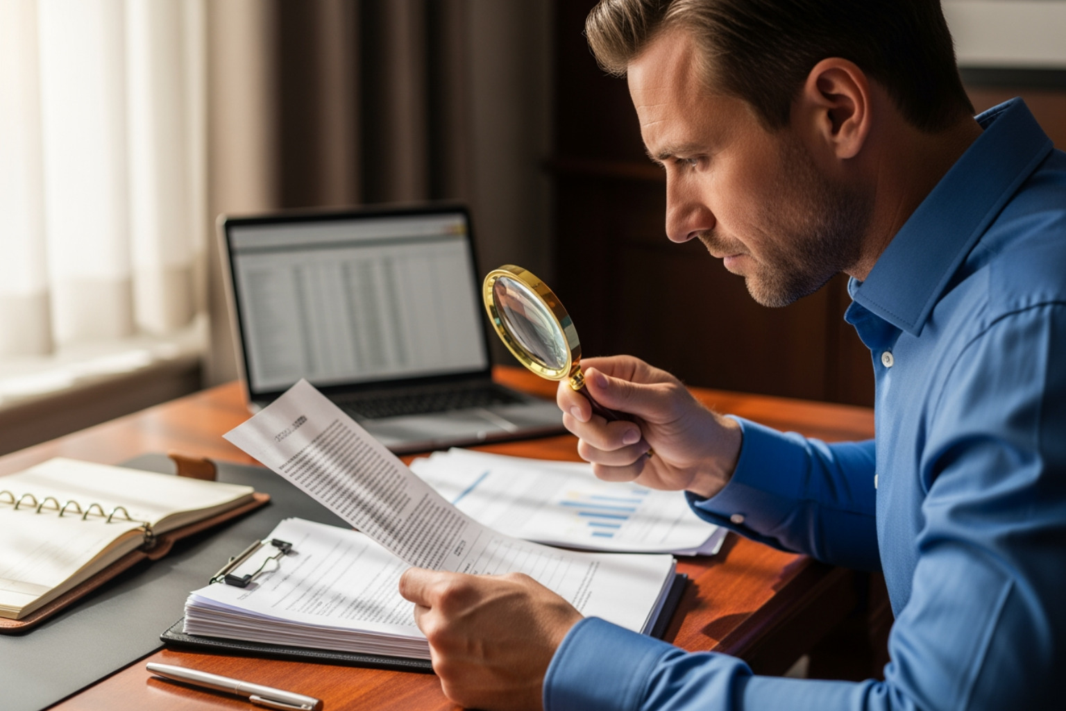Person Reviewing A Document With A Magnifying Glass, Symbolizing Due Diligence - Best Franchise To Buy Person reviewing a document with a magnifying glass, symbolizing due diligence - best franchise to buy