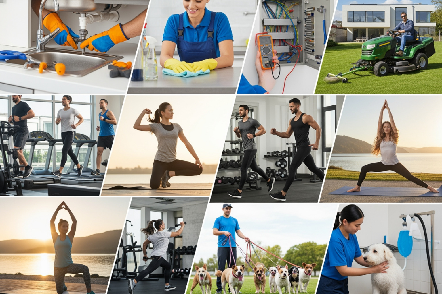 Collage Representing Different Industries Like Home Services, Fitness, And Pet Care - Best Franchise To Buy Collage representing different industries like home services, fitness, and pet care - best franchise to buy