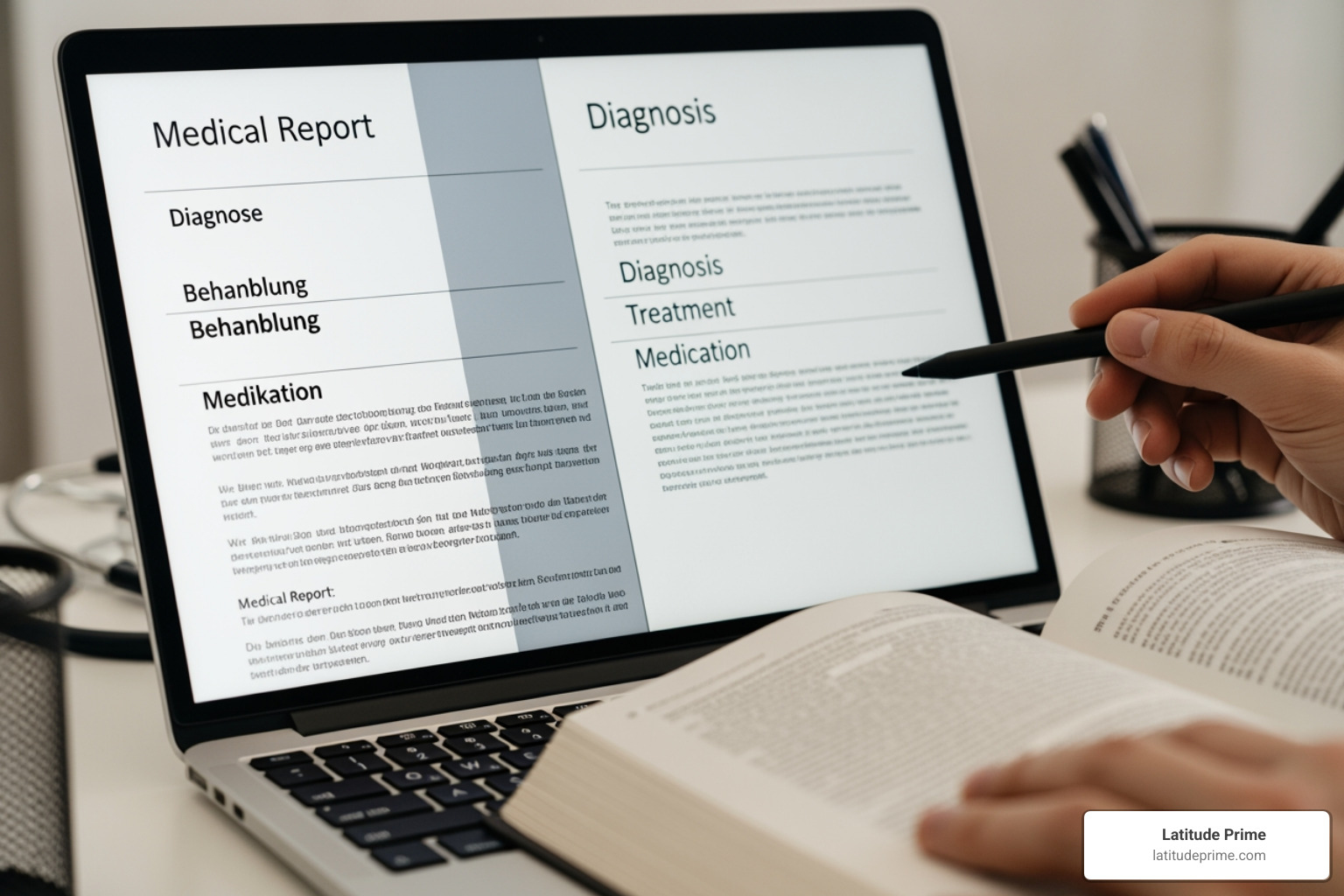 Translator's desk with medical textbooks, computer with CAT tool software, and a certificate - german to english medical translation Translator's desk with medical textbooks, computer with CAT tool software, and a certificate - german to english medical translation