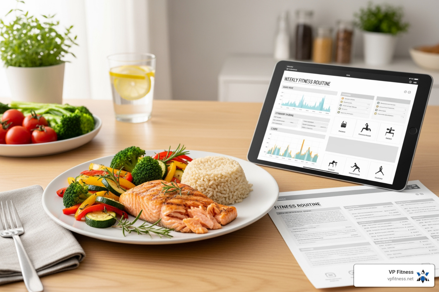 well-balanced meal next to a workout plan - customized fitness coaching