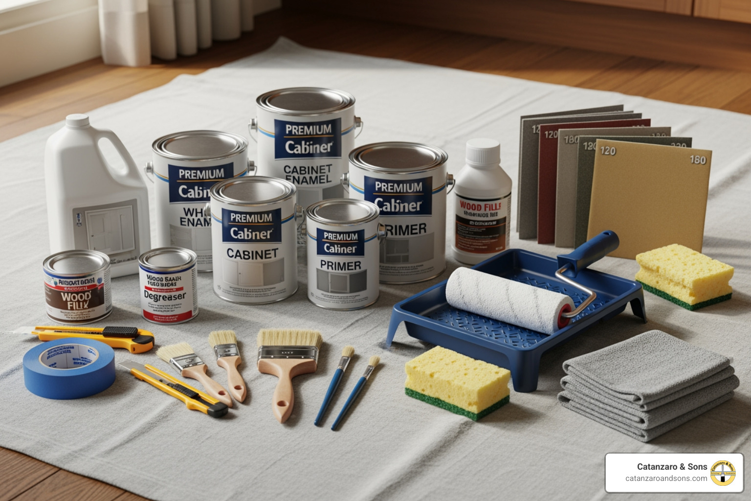 Image of various tools and materials for kitchen cabinet painting, including paint cans, brushes, rollers, sandpaper, painter's tape, and cleaning supplies, laid out neatly on a drop cloth. - kitchen cabinet painting Image of various tools and materials for kitchen cabinet painting, including paint cans, brushes, rollers, sandpaper, painter's tape, and cleaning supplies, laid out neatly on a drop cloth. - kitchen cabinet painting