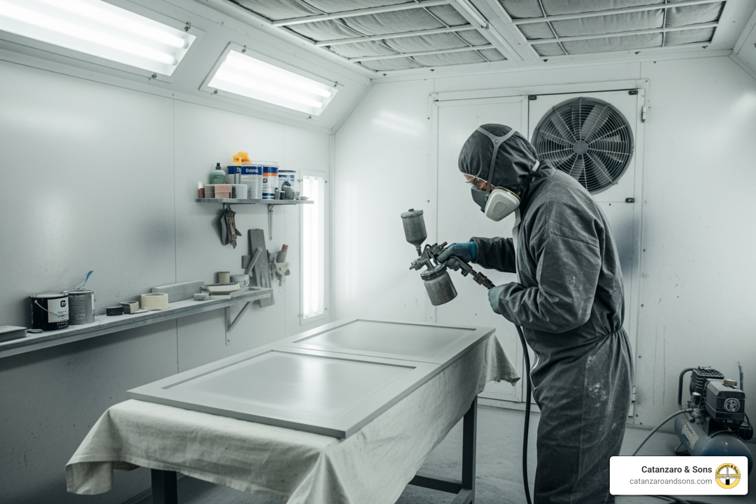 Image of a person using a paint sprayer to apply paint to a cabinet door in a dedicated, well-ventilated spraying booth. - kitchen cabinet painting Image of a person using a paint sprayer to apply paint to a cabinet door in a dedicated, well-ventilated spraying booth. - kitchen cabinet painting