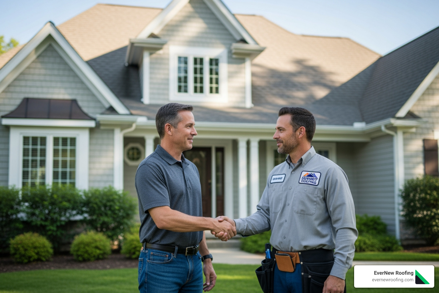 homeowner shaking hands with a roofing contractor - farmington roofing companies