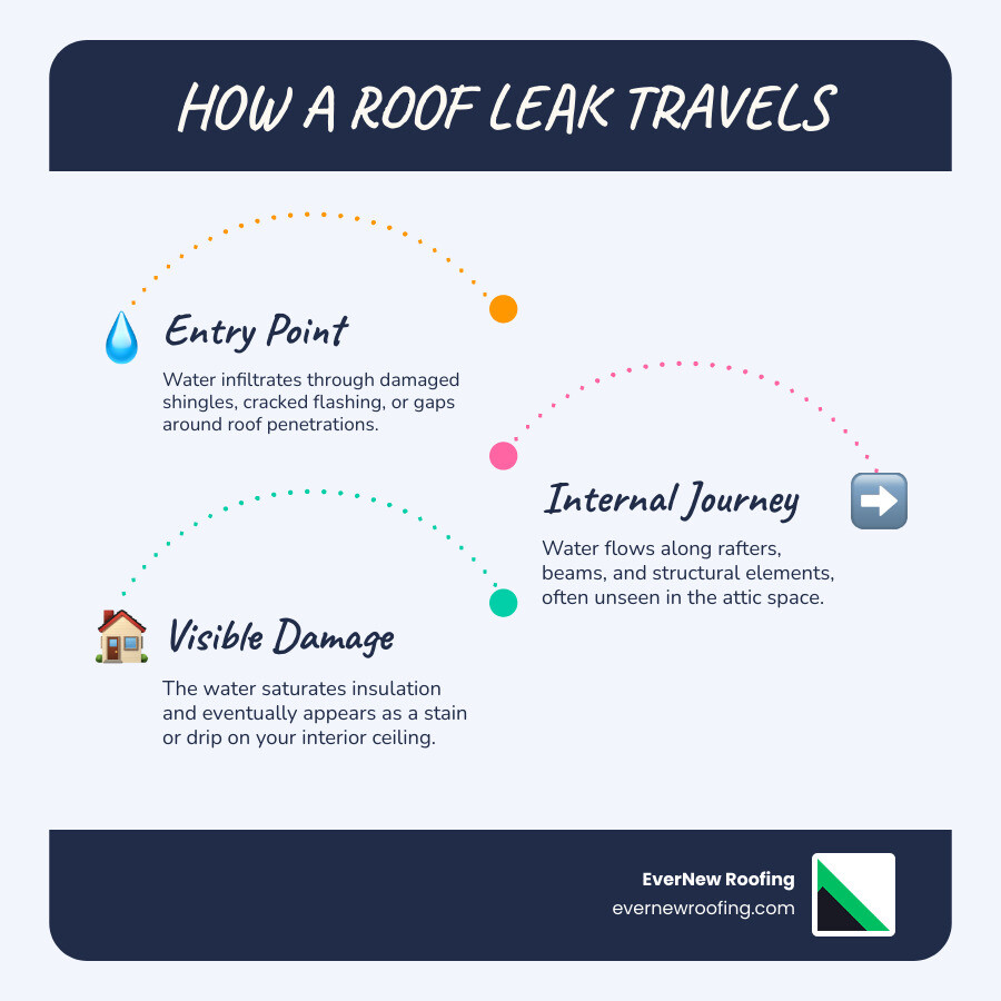 infographic showing water entering through damaged shingles on a roof, traveling downward along a rafter beam, and dripping onto ceiling insulation before appearing as a water stain on an interior ceiling - how to fix a leaking roof infographic infographic-line-3-steps-blues-accent_colors