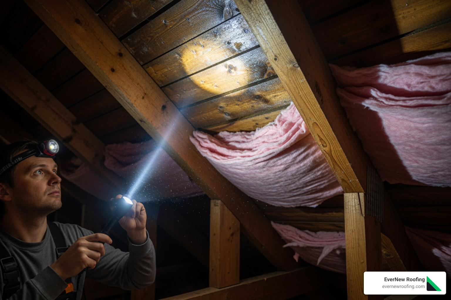 person in an attic with a flashlight pointing at a wet spot on the roof decking - how to fix a leaking roof