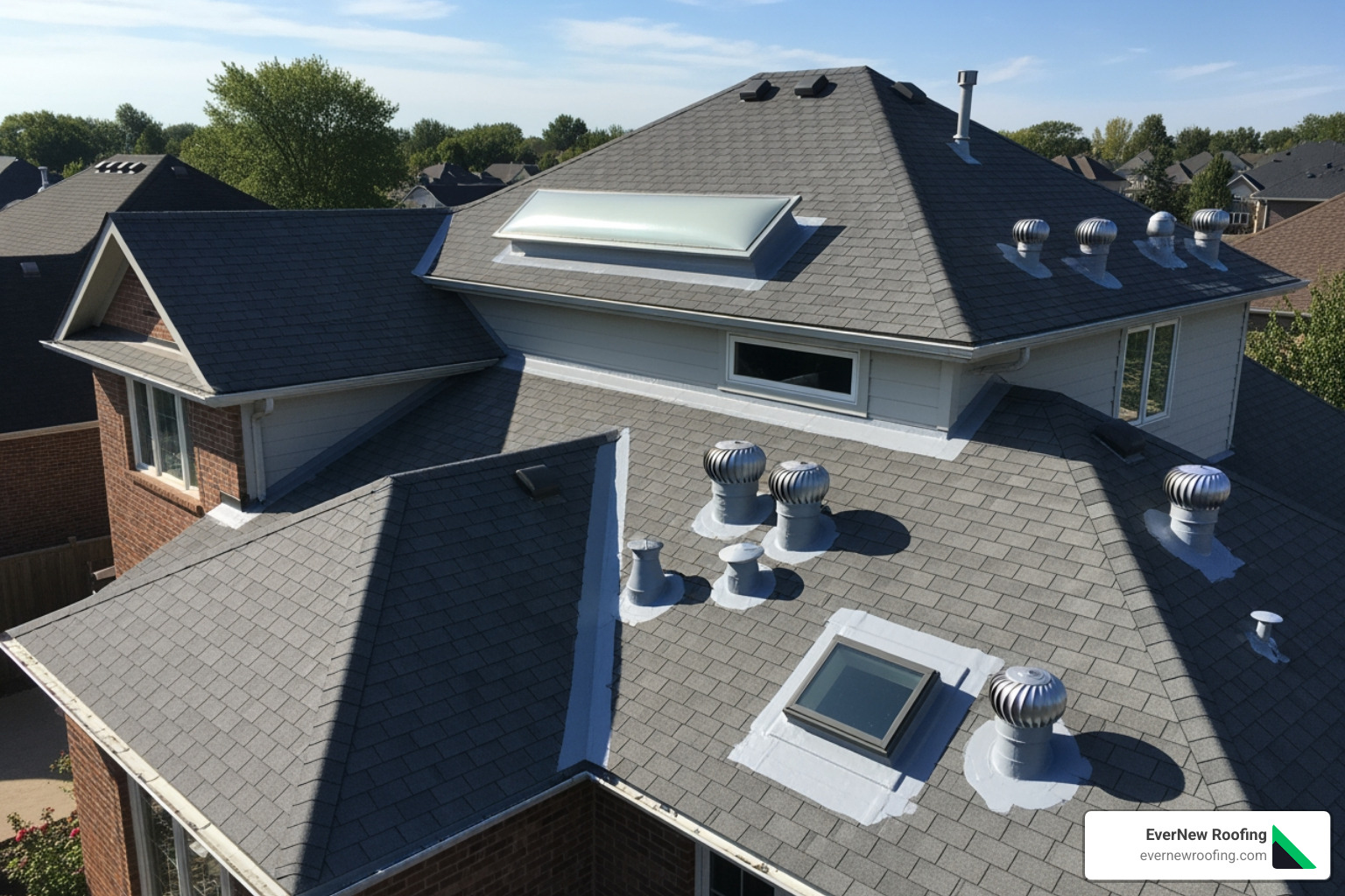 complex roof with multiple vents seamlessly coated with a rejuvenating spray - roofing spray