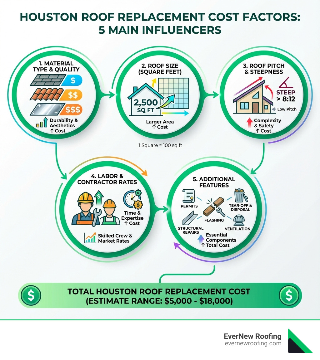 Infographic showing the 5 main factors influencing Houston roof replacement costs: Material type and quality, Roof size in square feet, Roof pitch and steepness, Labor and contractor rates, and Additional features like permits tear-off disposal structural repairs flashing and ventilation - roof estimate houston infographic 