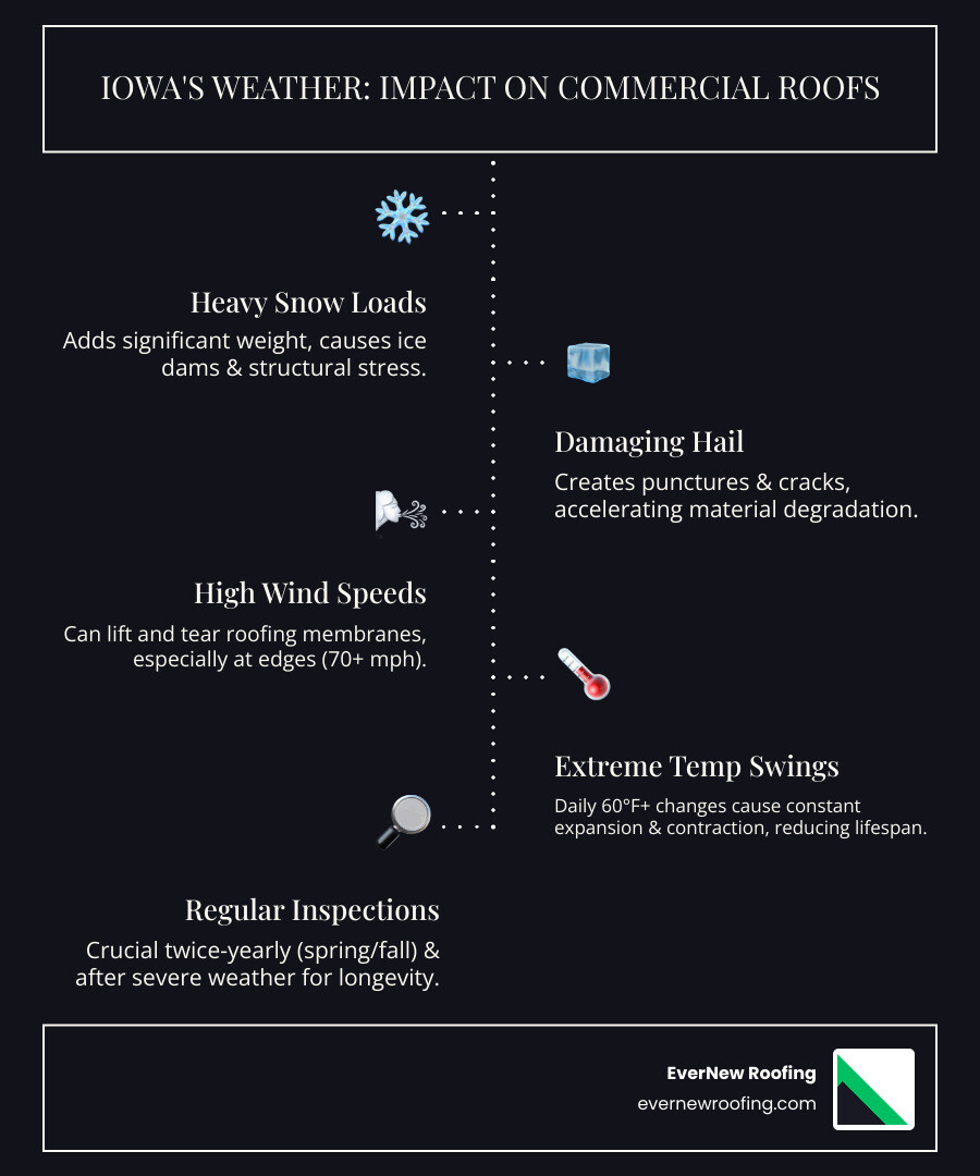 infographic showing Michigan weather impact on commercial roofs including snow loads, hail frequency, wind speeds, temperature fluctuations, and recommended inspection schedules - commercial roofing contractor michigan infographic infographic-line-5-steps-dark