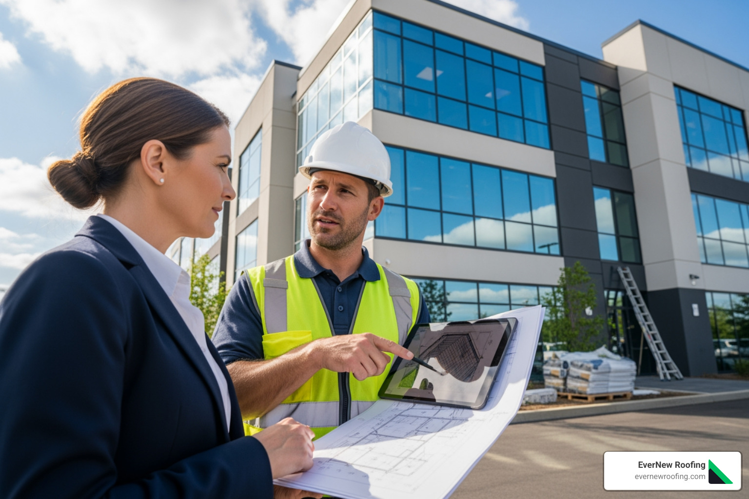 roofing contractor discussing plans with a business owner - commercial roofing contractor michigan