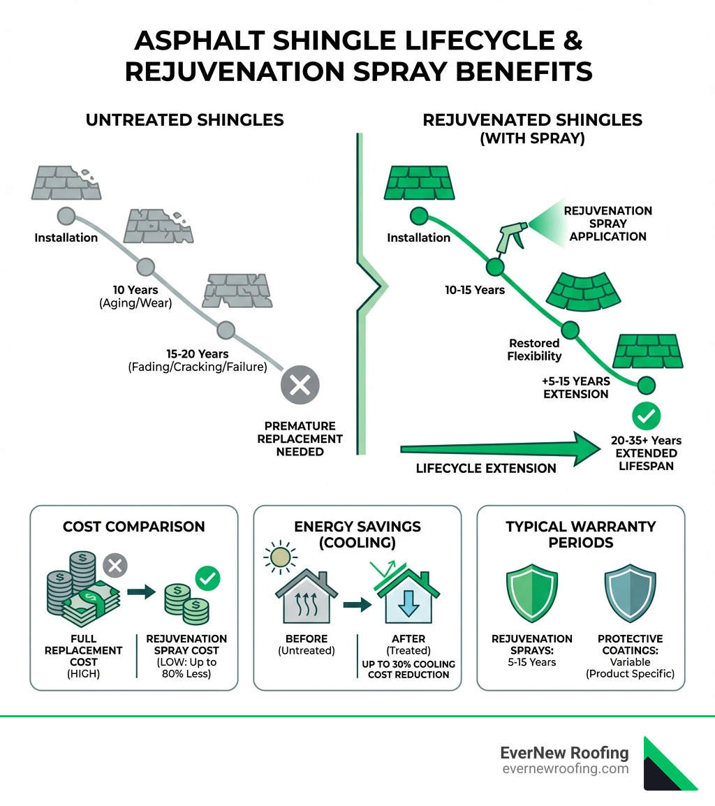 infographic showing the lifecycle extension of asphalt shingles with rejuvenation spray treatment versus untreated shingles, including cost comparison to replacement, energy savings percentages, and typical warranty periods for different spray application types - roofing spray infographic 