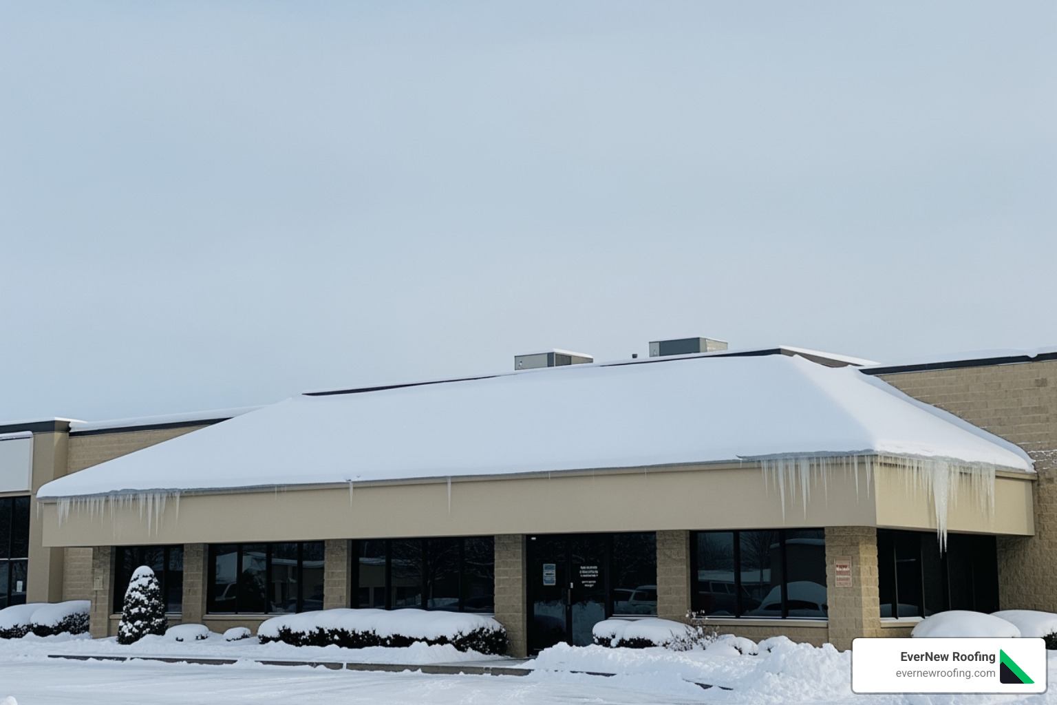 snow-covered commercial roof in Michigan - commercial roofing contractor michigan