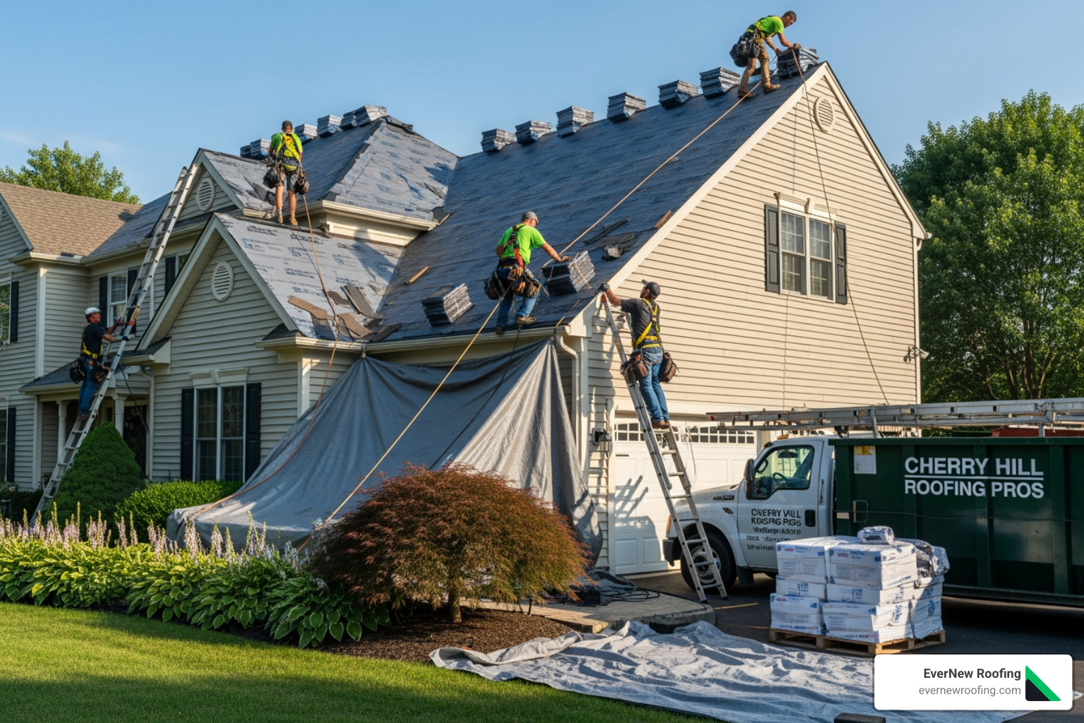 A professional roofing crew working on a Michigan home, with safety harnesses and a well-organized job site, protecting landscaping below. - roofing and siding michigan