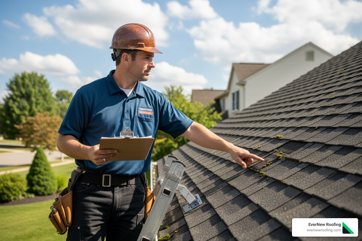 A professional contractor with a clipboard inspecting a roof, pointing to a detail, with a Michigan suburban home in the background - roofing and siding michigan