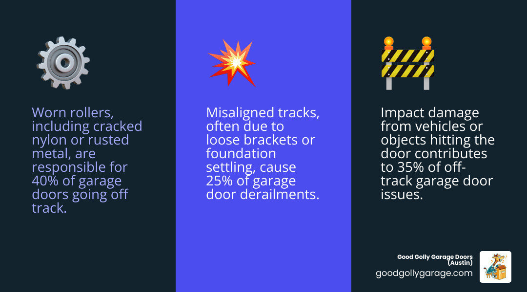 Infographic showing the three most common causes of garage doors going off track: 1) Impact damage from vehicles or objects hitting the door, with an illustration of a bent track, 2) Worn rollers shown as cracked nylon and rusted metal rollers falling out of alignment, and 3) Misaligned tracks depicted with loose bolts and brackets causing gaps between the roller and track. Each cause includes a percentage showing worn rollers account for 40% of cases, impact damage 35%, and misaligned tracks 25%. - why is my garage door off track in leander tx infographic 3_facts_emoji_blue