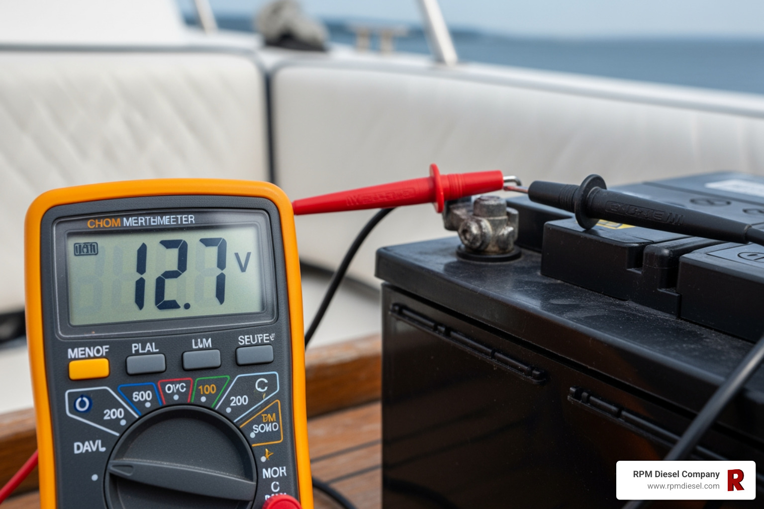 Multimeter checking a marine battery - kubota diesel engine troubleshooting Multimeter checking a marine battery - kubota diesel engine troubleshooting