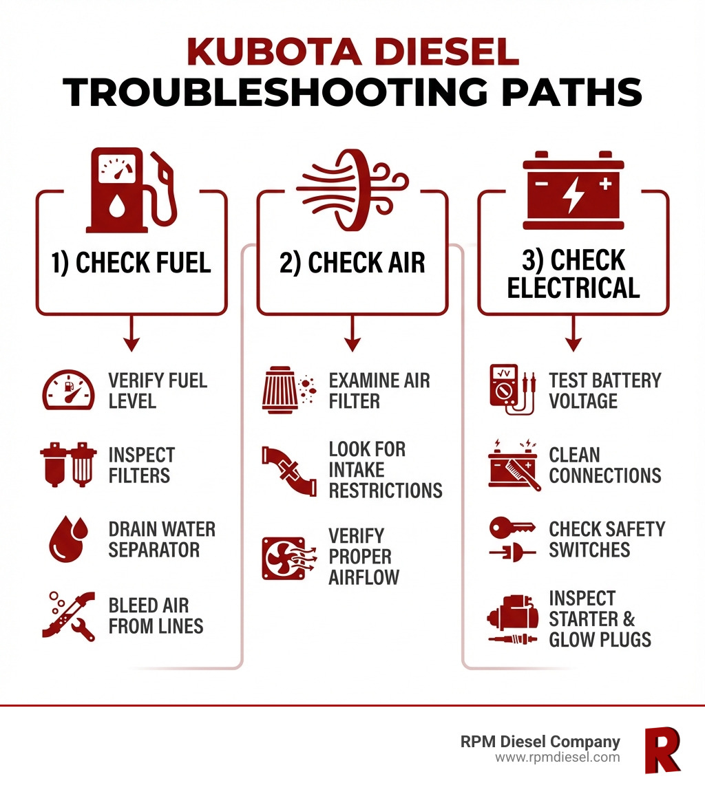 Infographic showing three main troubleshooting paths: 1) Check Fuel - verify fuel level, inspect filters, drain water separator, bleed air from lines; 2) Check Air - examine air filter, look for intake restrictions, verify proper airflow; 3) Check Electrical - test battery voltage, clean connections, check safety switches, inspect starter and glow plugs - kubota diesel engine troubleshooting infographic Infographic showing three main troubleshooting paths: 1) Check Fuel - verify fuel level, inspect filters, drain water separator, bleed air from lines; 2) Check Air - examine air filter, look for intake restrictions, verify proper airflow; 3) Check Electrical - test battery voltage, clean connections, check safety switches, inspect starter and glow plugs - kubota diesel engine troubleshooting infographic