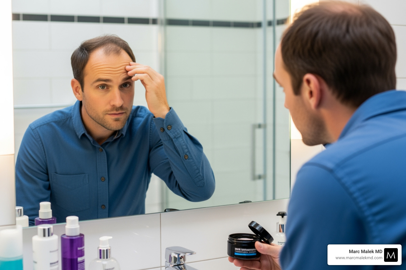 Image illustrating the difference between FUE and FUT donor sites, with FUT showing a linear scar and FUE showing small dots - hair restoration Image illustrating the difference between FUE and FUT donor sites, with FUT showing a linear scar and FUE showing small dots - hair restoration