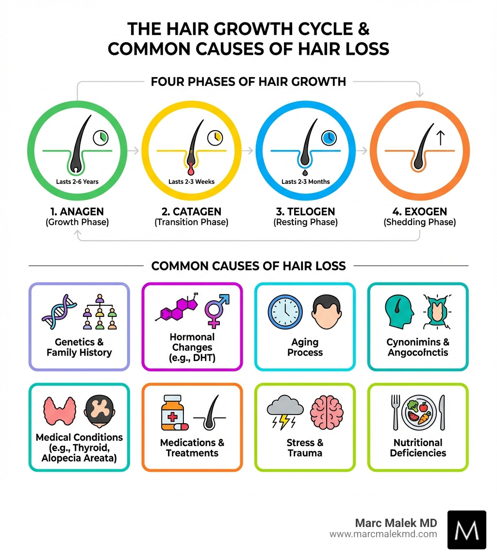 Infographic showing the hair growth cycle with four phases: anagen (growth phase lasting 2-6 years), catagen (transition phase lasting 2-3 weeks), telogen (resting phase lasting 2-3 months), and exogen (shedding phase). Also includes common causes of hair loss: genetics and family history, hormonal changes including DHT, aging process, medical conditions like thyroid disease and alopecia areata, medications and treatments, stress and trauma, and nutritional deficiencies. - hair restoration infographic Infographic showing the hair growth cycle with four phases: anagen (growth phase lasting 2-6 years), catagen (transition phase lasting 2-3 weeks), telogen (resting phase lasting 2-3 months), and exogen (shedding phase). Also includes common causes of hair loss: genetics and family history, hormonal changes including DHT, aging process, medical conditions like thyroid disease and alopecia areata, medications and treatments, stress and trauma, and nutritional deficiencies. - hair restoration infographic