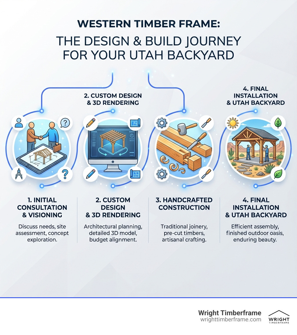 infographic showing the timber frame design process from initial consultation through custom design and 3D rendering to handcrafted construction and final installation in a finished Utah backyard - western timber frame utah infographic infographic showing the timber frame design process from initial consultation through custom design and 3D rendering to handcrafted construction and final installation in a finished Utah backyard - western timber frame utah infographic