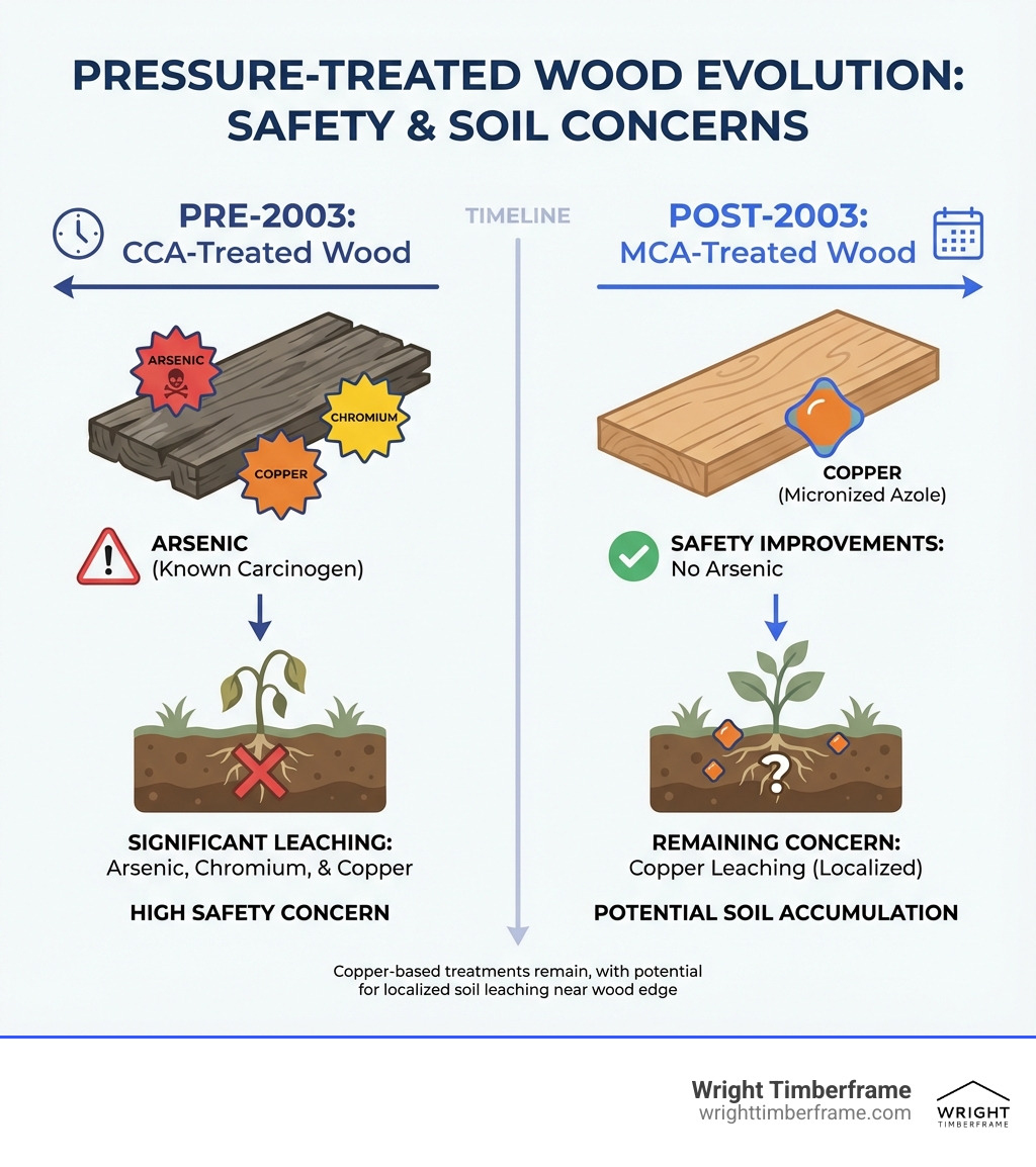Infographic comparing old CCA-treated wood (pre-2003) containing arsenic, chromium, and copper with modern MCA-treated wood (post-2003) containing only copper compounds, showing safety improvements and remaining concerns about copper leaching into garden soil - alternatives to pressure treated lumber for raised beds infographic Infographic comparing old CCA-treated wood (pre-2003) containing arsenic, chromium, and copper with modern MCA-treated wood (post-2003) containing only copper compounds, showing safety improvements and remaining concerns about copper leaching into garden soil - alternatives to pressure treated lumber for raised beds infographic