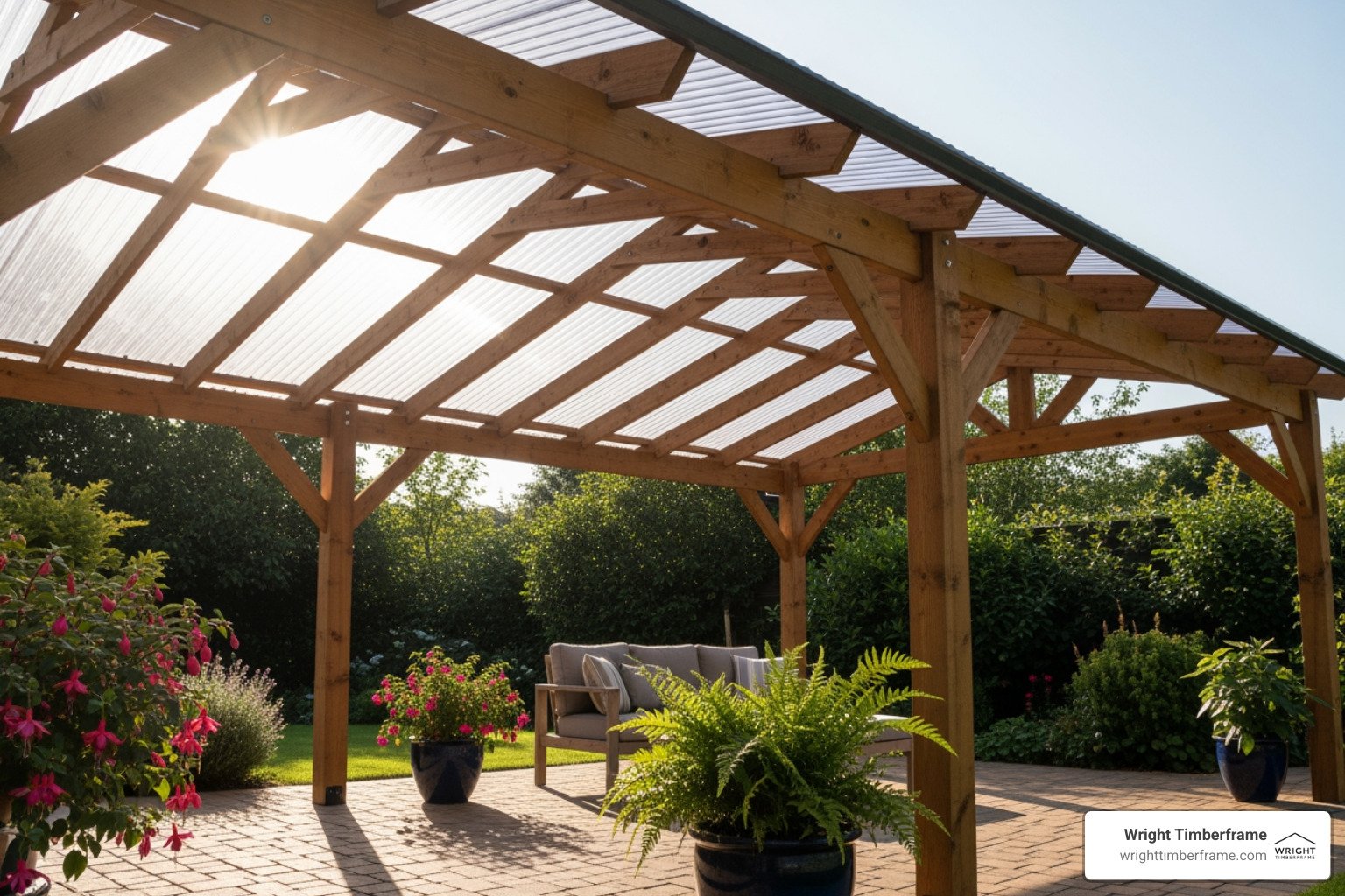 timber pergola with a clear polycarbonate roof, allowing diffused sunlight - Pergola Weather-Proofing Tips Pergola structure with polycarbonate roof panels, surrounded by potted plants, showcasing outdoor living space and weather protection features.