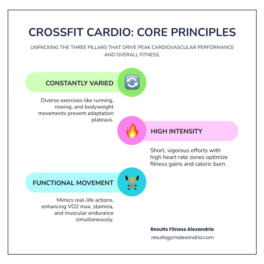 infographic showing three core principles of CrossFit: constantly varied movements including running, rowing, and bodyweight exercises; high intensity intervals with heart rate zones; and functional movements that mimic real-life actions, with arrows showing how these combine to improve VO2 max, stamina, and overall cardiovascular health - crossfit workout cardio infographic infographic-line-3-steps-colors