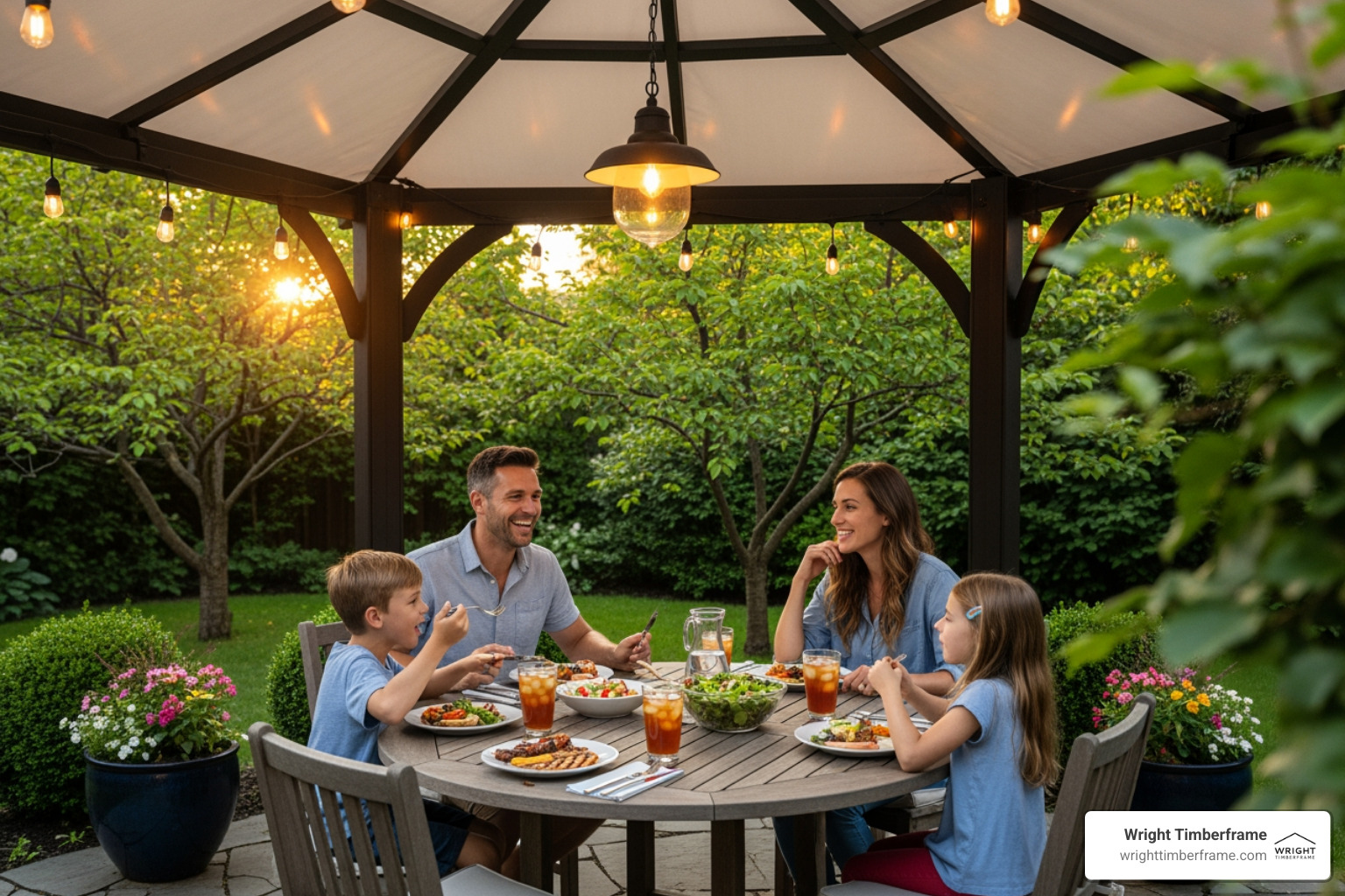 family enjoying a meal under a Patio Pavilion - backyard pavilion guide family enjoying a meal under a Patio Pavilion - backyard pavilion guide