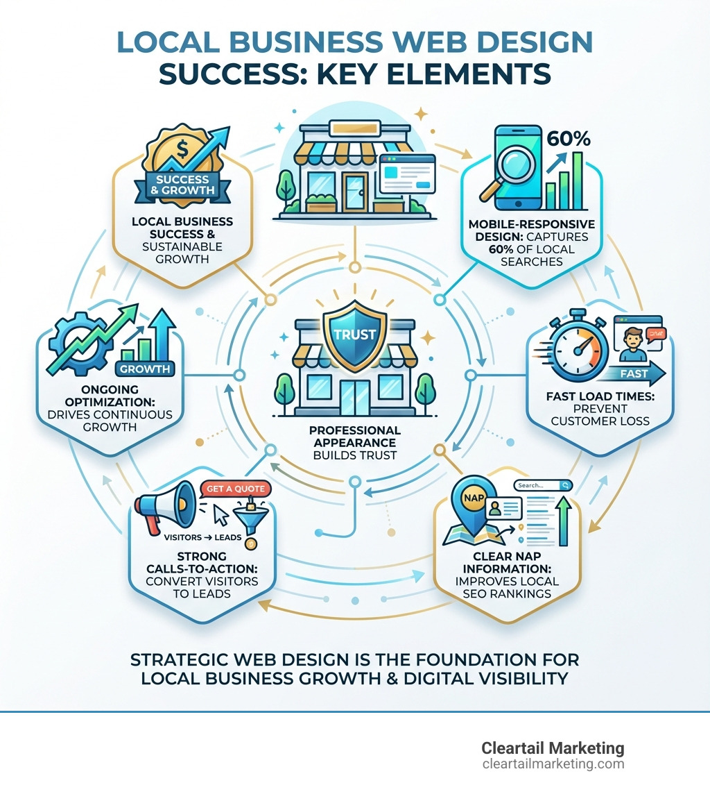 Infographic showing the key elements of successful local business web design: professional appearance builds trust, mobile-responsive design captures 60% of local searches, fast load times prevent customer loss, clear NAP information improves local SEO rankings, strong calls-to-action convert visitors to leads, and ongoing optimization drives continuous growth - web design local business infographic 