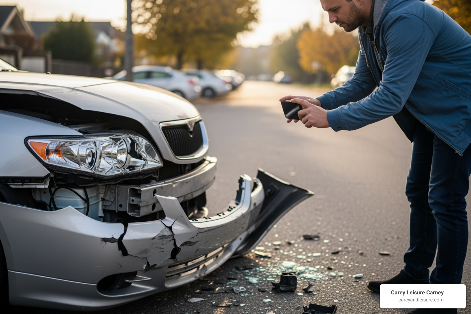 person taking photos of car damage with their smartphone - lawyer for accident