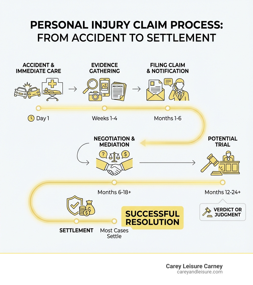 infographic showing the personal injury claim process from accident to settlement, including steps like immediate medical care, evidence gathering, filing claim, negotiation, and potential trial, with typical timelines for each phase - lawyer for accident infographic 