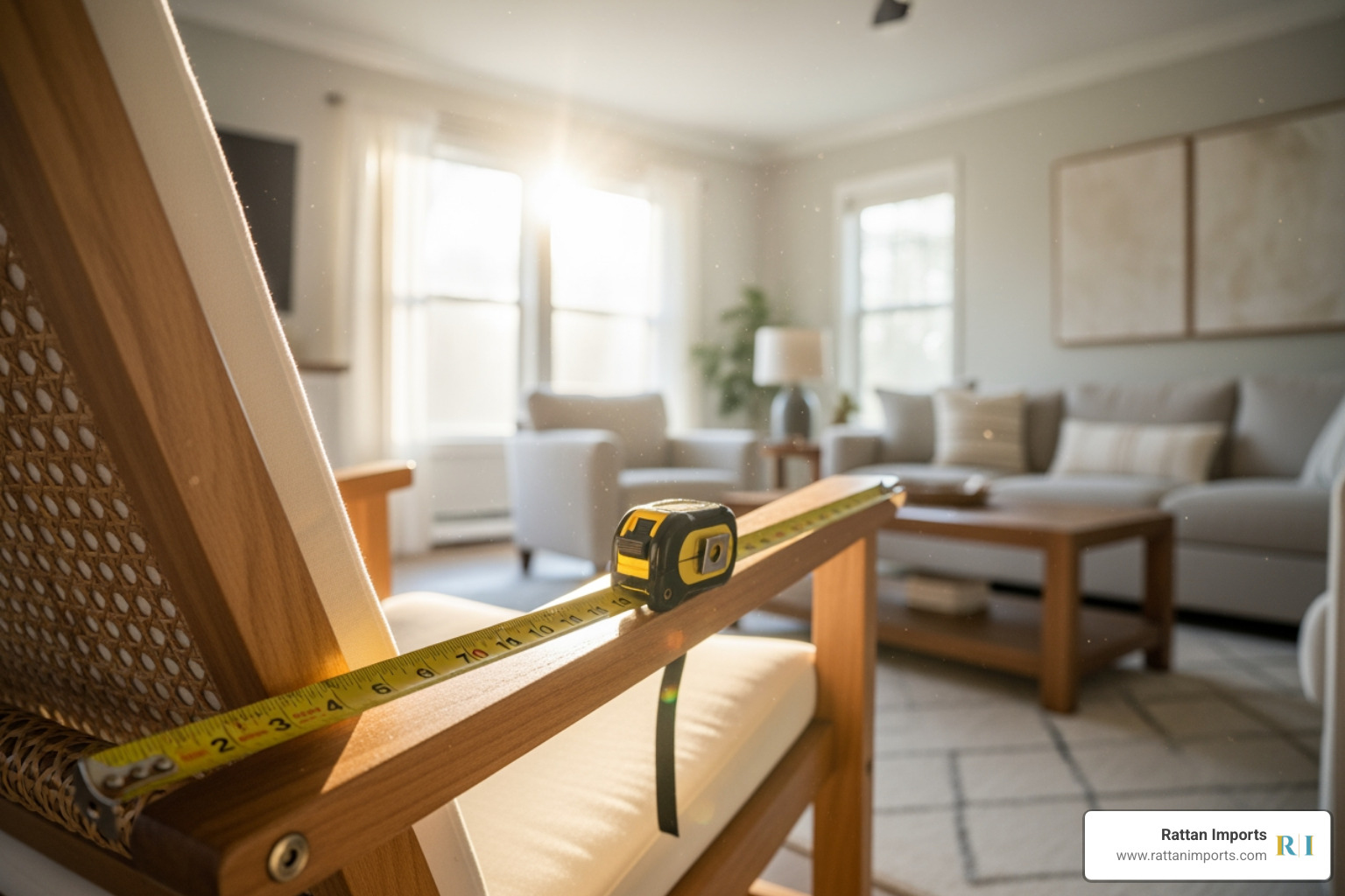 A measuring tape is shown next to a rattan glider chair in a sunlit living room, emphasizing the importance of space planning when selecting furniture. - glider chairs for living room