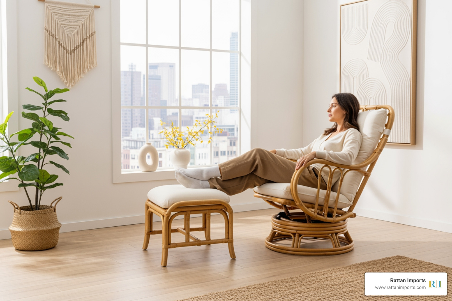 A person relaxing in a stylish rattan swivel glider recliner with a matching ottoman in a bright, modern living room. - glider chairs for living room