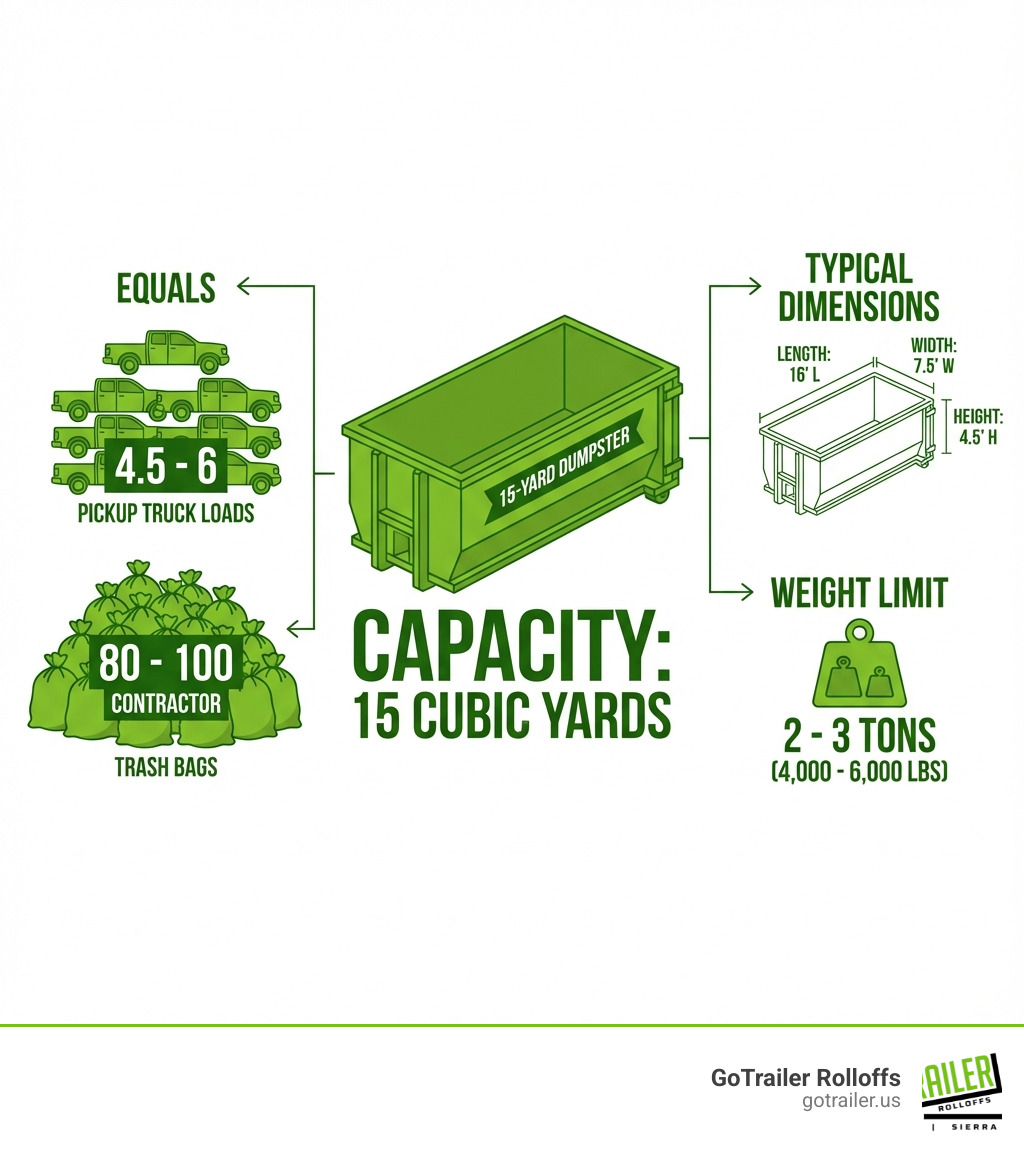 Infographic showing a 15-yard dumpster equals 4.5-6 pickup truck loads and 80-100 contractor trash bags, with typical dimensions and 2-3 ton weight limit - 15 yard roll off infographic 