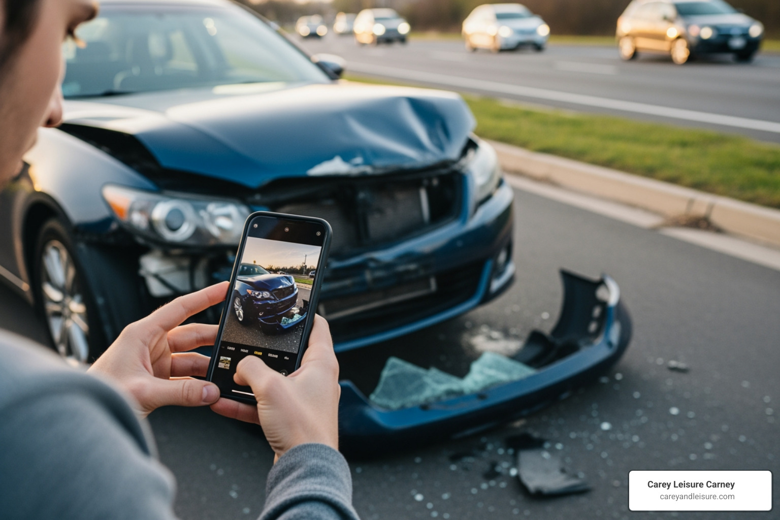 person taking photos of car damage with their phone - Car wreck attorney Clearwater person taking photos of car damage with their phone - Car wreck attorney Clearwater