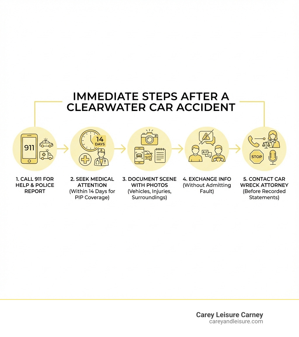 infographic showing the immediate steps after a car accident in Clearwater including call 911, seek medical attention within 14 days for PIP coverage, document the scene with photos, exchange information without admitting fault, and contact a car wreck attorney before giving recorded statements - Car wreck attorney Clearwater infographic infographic showing the immediate steps after a car accident in Clearwater including call 911, seek medical attention within 14 days for PIP coverage, document the scene with photos, exchange information without admitting fault, and contact a car wreck attorney before giving recorded statements - Car wreck attorney Clearwater infographic