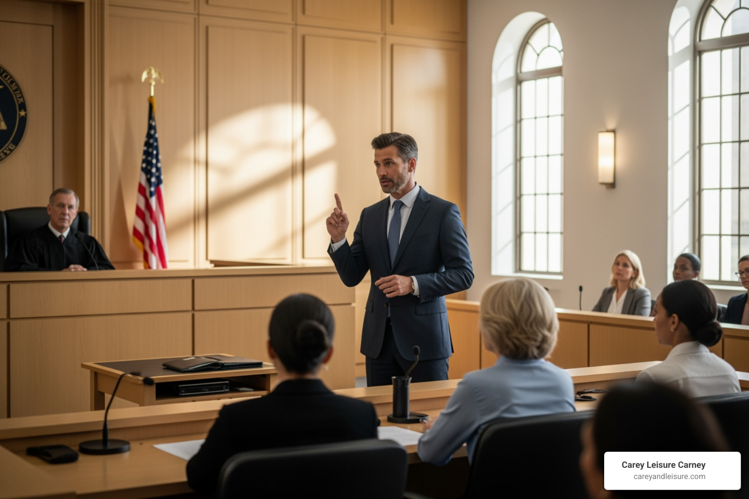 An attorney confidently speaking in a courtroom setting - dram shop injury attorney
