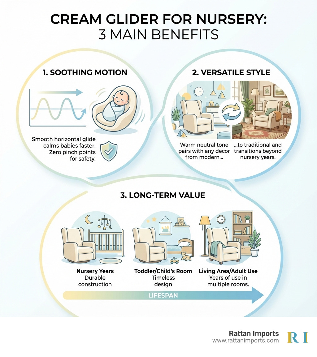 Infographic showing three main benefits of a cream glider for nursery: 1) Soothing Motion - smooth horizontal glide calms babies faster with zero pinch points for safety, 2) Versatile Style - warm neutral tone pairs with any decor from modern to traditional and transitions beyond nursery years, 3) Long-Term Value - durable construction and timeless design mean years of use in multiple rooms - cream glider for nursery infographic Infographic showing three main benefits of a cream glider for nursery: 1) Soothing Motion - smooth horizontal glide calms babies faster with zero pinch points for safety, 2) Versatile Style - warm neutral tone pairs with any decor from modern to traditional and transitions beyond nursery years, 3) Long-Term Value - durable construction and timeless design mean years of use in multiple rooms - cream glider for nursery infographic