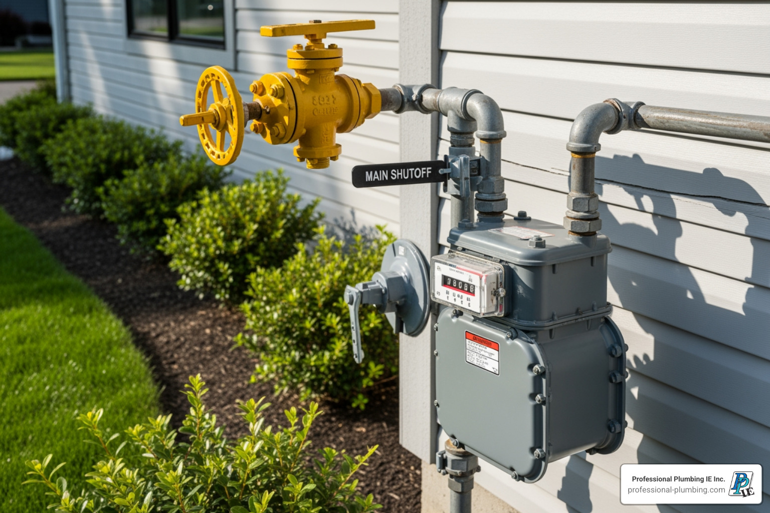 Residential gas meter with the main shutoff valve clearly marked - plumbing natural gas line Residential gas meter with the main shutoff valve clearly marked - plumbing natural gas line