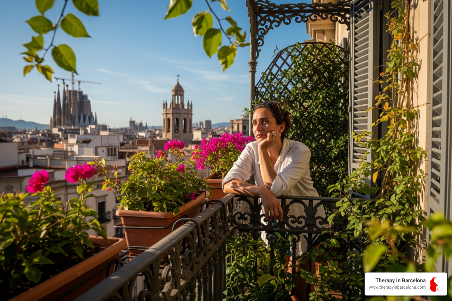 Person sitting on sunny Barcelona balcony looking thoughtful - Solution focused brief therapy