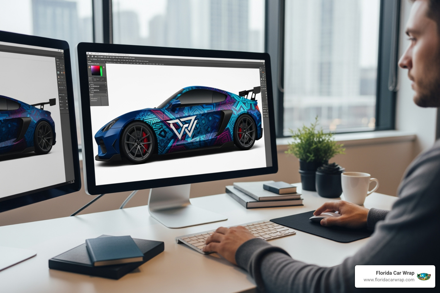 Graphic designer working on a vehicle wrap template on a computer screen - fleet wrap services Graphic designer working on a vehicle wrap template on a computer screen - fleet wrap services
