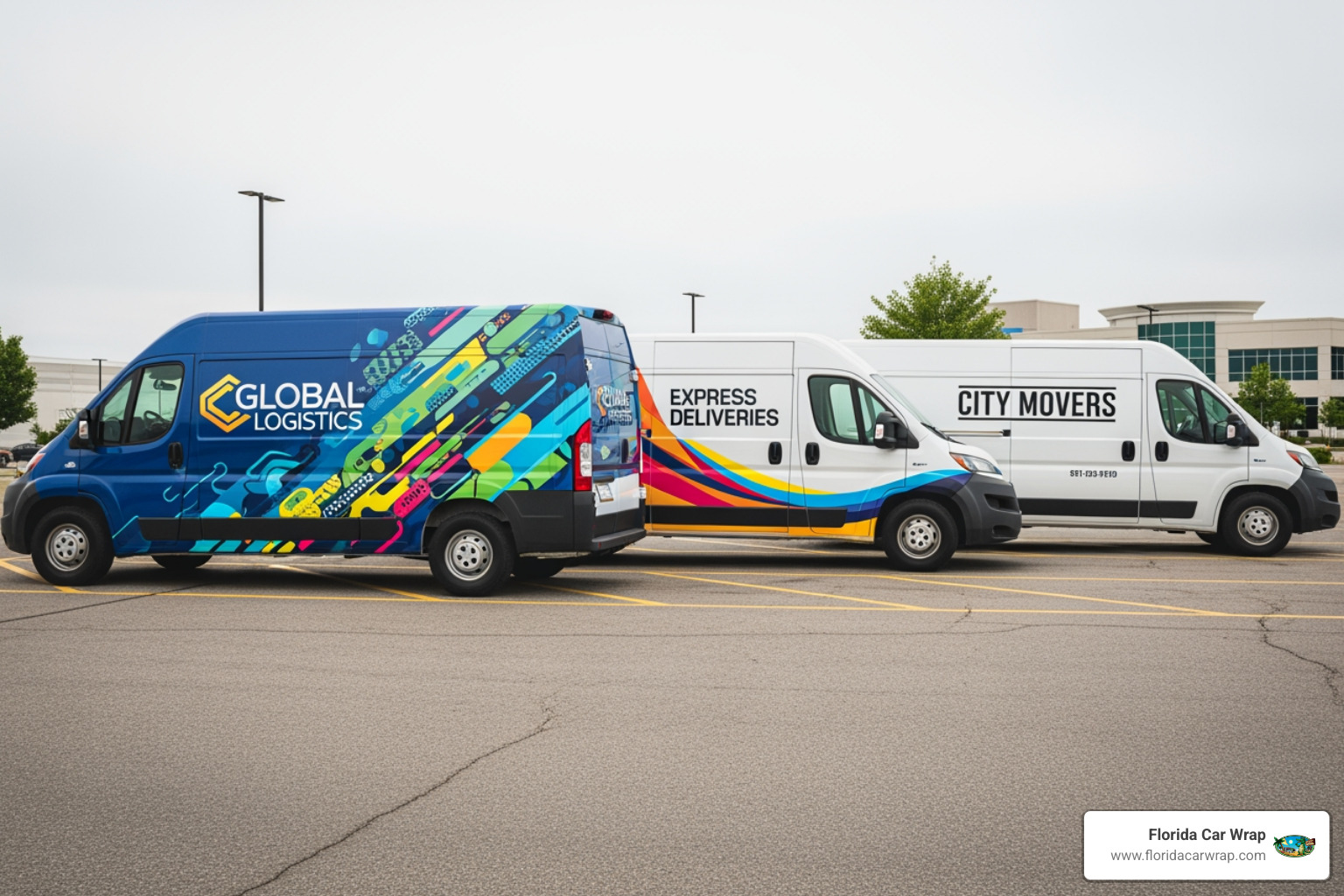 Three identical vans side-by-side, one with a full wrap, one with a partial wrap, and one with vinyl lettering - fleet wrap services Three identical vans side-by-side, one with a full wrap, one with a partial wrap, and one with vinyl lettering - fleet wrap services