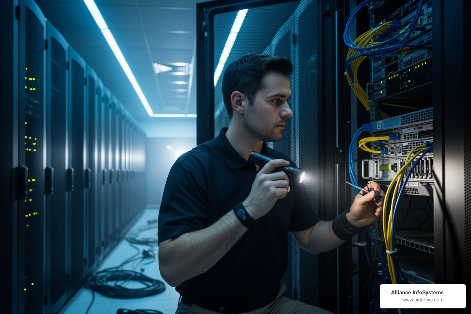A server room with an IT professional working on a server - on-premises A server room with an IT professional working on a server - on-premises
