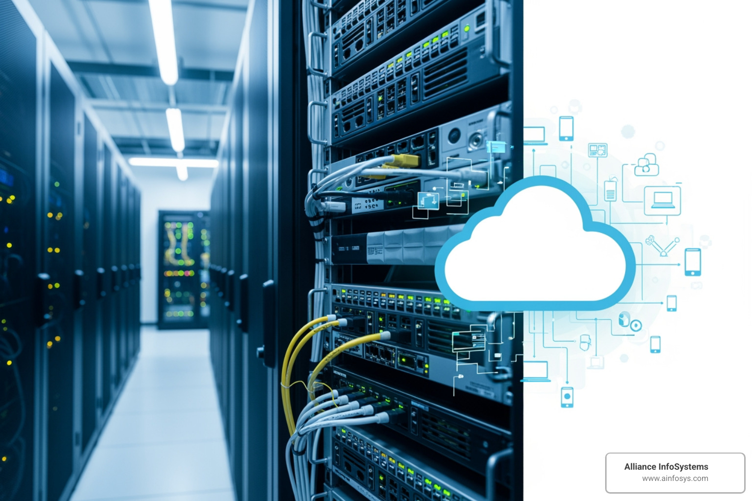 A split screen showing a physical server on one side and a cloud icon on the other - on-premises A split screen showing a physical server on one side and a cloud icon on the other - on-premises