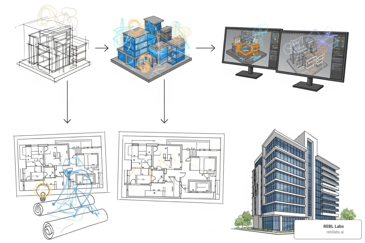 AI-assisted architectural workflow diagram from concept to construction - AI for architecture firms