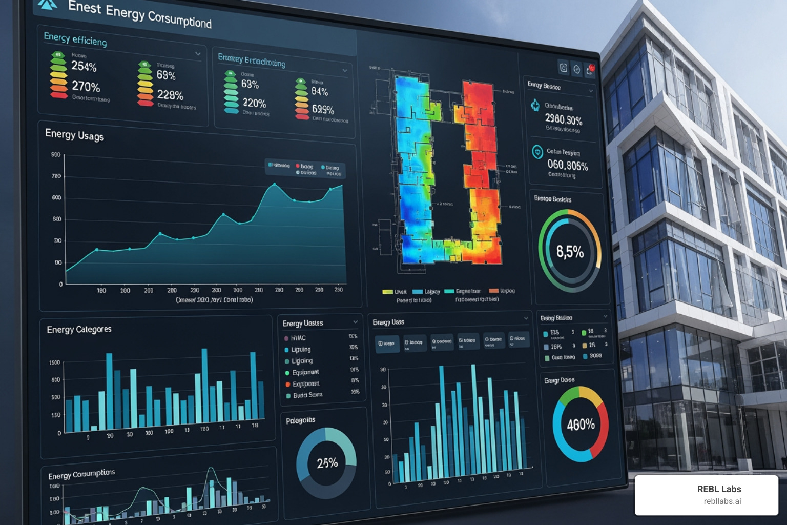 AI dashboard showing energy efficiency analysis for a building - AI for architecture firms